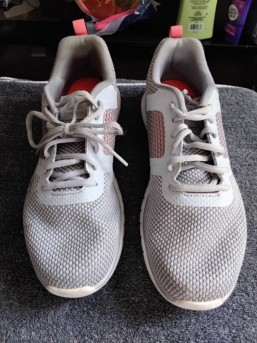 Reebok Men’s Lightweight Knit Trainer — White & Light Gray with Coral Accents